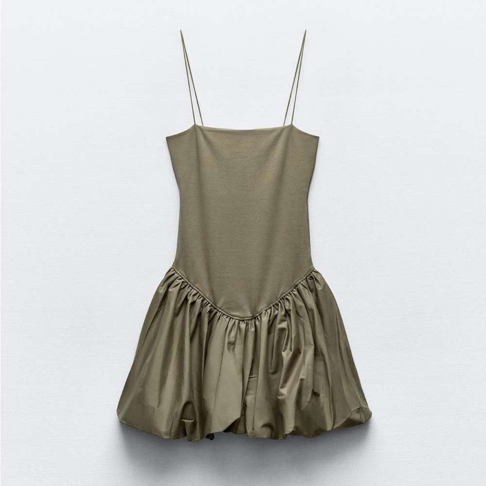 Zara WOMEN’S Mixed Rib Poplin Balloon dress, Size Small, olive green